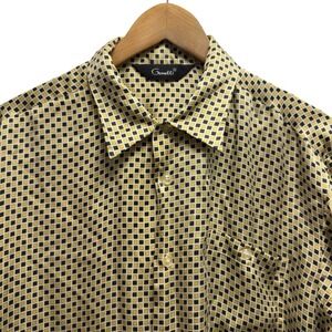 Genelli Vtg Men's L Yellow/Black Geometric Squares Satin Silk Button Front Shirt
